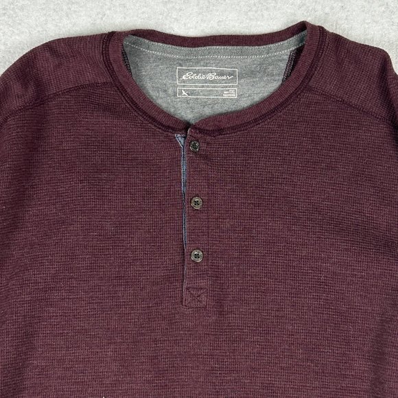 Eddie Bauer Shirt Mens TXL Burgundy Henley Tall Long Sleeve Thermal Waffle Knit - Picture 3 of 14